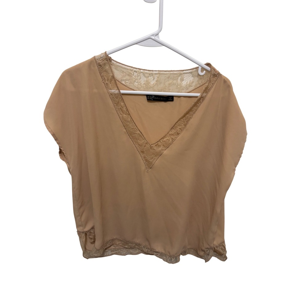 Zara Basic Womens Tan Lace Trim V-Neck Cap Sleeve Blouse Size Medium